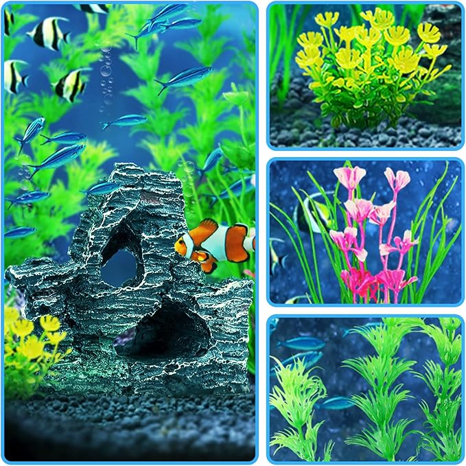 QUOZUO Fish Tank Accessories Artificial Plants, 9pcs Green Aquarium Decorations Plants and Cave Rock Decor Set, Aquarium Decor Plastic Plants