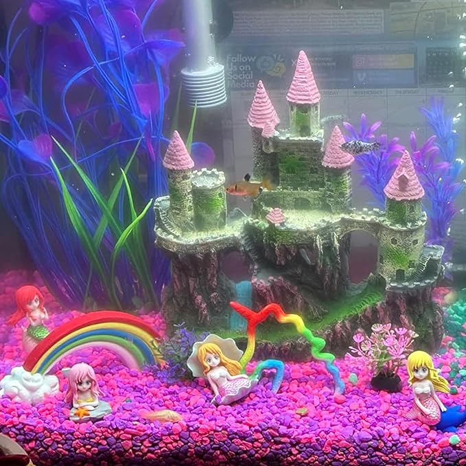 Aquarium Castle Decorations, Resin Castle for Fish Tank with Randomly Color Plants Decor Accessories for Freshwater and Saltwater Fish Tanks (Pink)