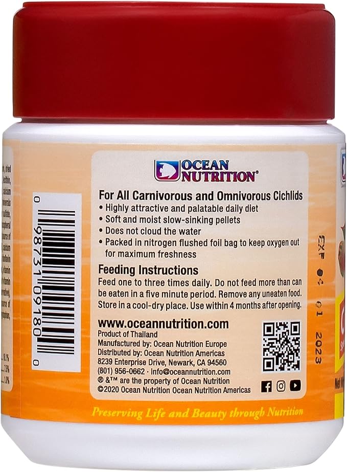 Ocean Nutrition Fish Food - Cichlid Pellets, High Protein (41%) Soft Moist Sinking Pellets for Omnivorous Predatory Cichlids - Enhances Color & Growth, 3.5 oz (100 g), Small Pellet