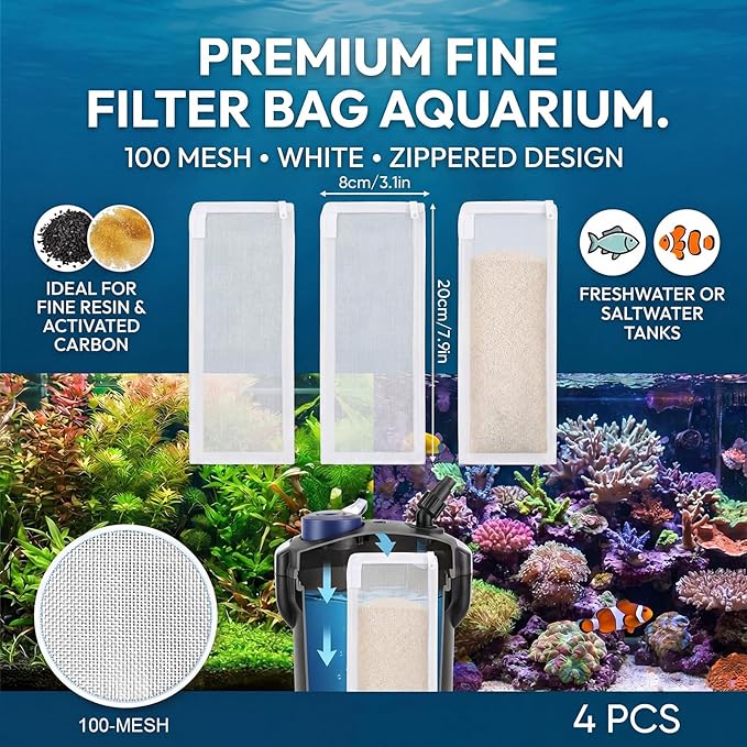 Geiserailie 4 Pcs Aquarium Filter Media Bags 150 Micrometer Fine Filter Bags Mesh Reusable with Zipper for Activated Carbon Resins (3.1 x 7.9 Inch)