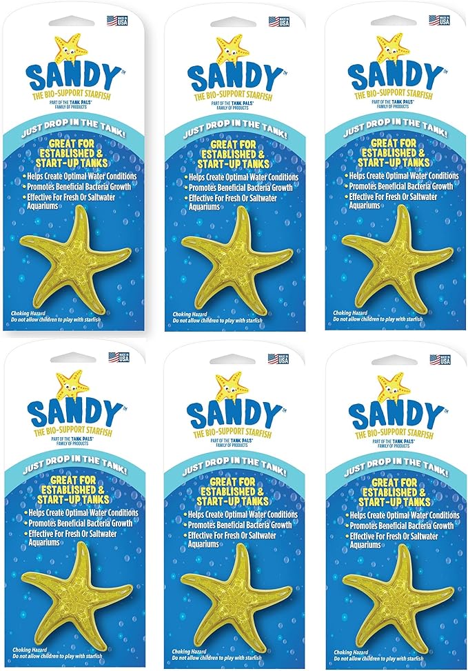 Sandy The Bio-Support Starfish - 6 Pack, Yellow- Promotes A Healthy Balanced Aquarium Ecosystem, Probiotic Growth, Tank Environment Control