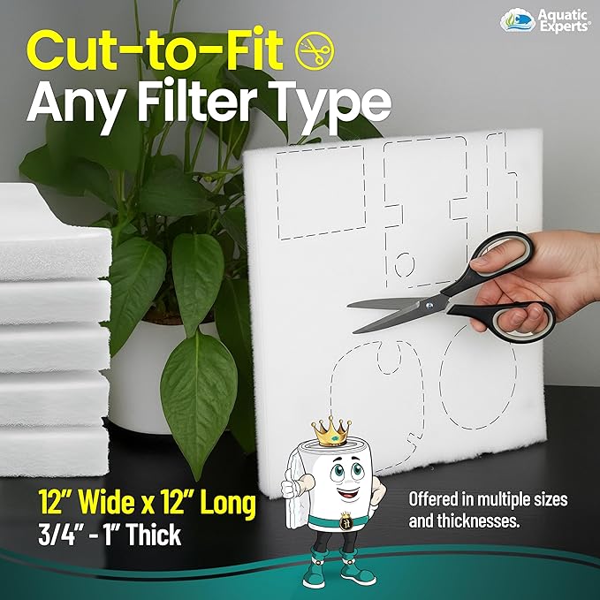 Aquatic Experts Aquarium Filter Floss for Fish Tank Filters - FilterFirst Aquarium Filter Pad - Media Roll for Crystal Clear Water, 3/4" - 1" Thick (12 Inch Wide, 12 Inch Long - 5 Pack)