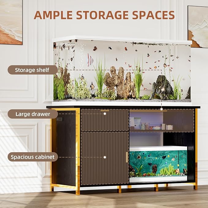 55-75 Gallon Fish Tank Stand with Power Outlets, LED Light, Vertical Lines, Heavy Duty Aquarium Stand with Cabinet for Fish Tank Accessories Storage, Turtle Tank, Reptile Terrarium (Black and Gold)