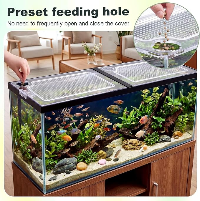 Sieral 2 Pcs Clear Aquarium Canopy and Embedded Network Set with 30 Top Cover Clips Polycarbonate 22.56 x 16.22 x 0.2 Inches for 75/90/110 Gallon Fish Tank Lids with Center Brace Aquariums Cover