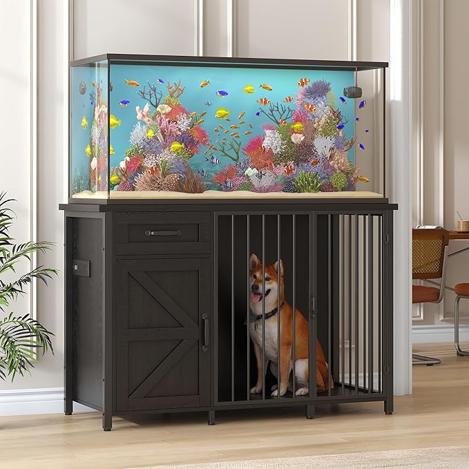 kepptory 55-75 Gallon Fish Tank Stand with Dog Crate, Multifunctional Aquarium Stand with Cabinet and Power Outlets for Larger Aquariums and Versatile Use (Black)