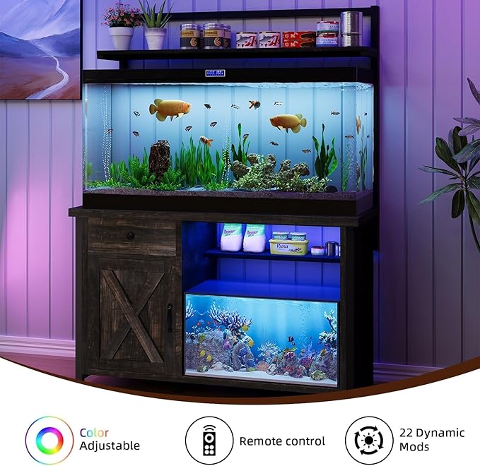 55-75 Gallon Fish Tank Stand with Power Outlet, Led Light, Heavy Duty Aquarium Stand with Cabinet for Fish Tank Accessories Storage, Shelf, for Turtle Tank, Reptile Terrarium, 1100 LBS (Oak)