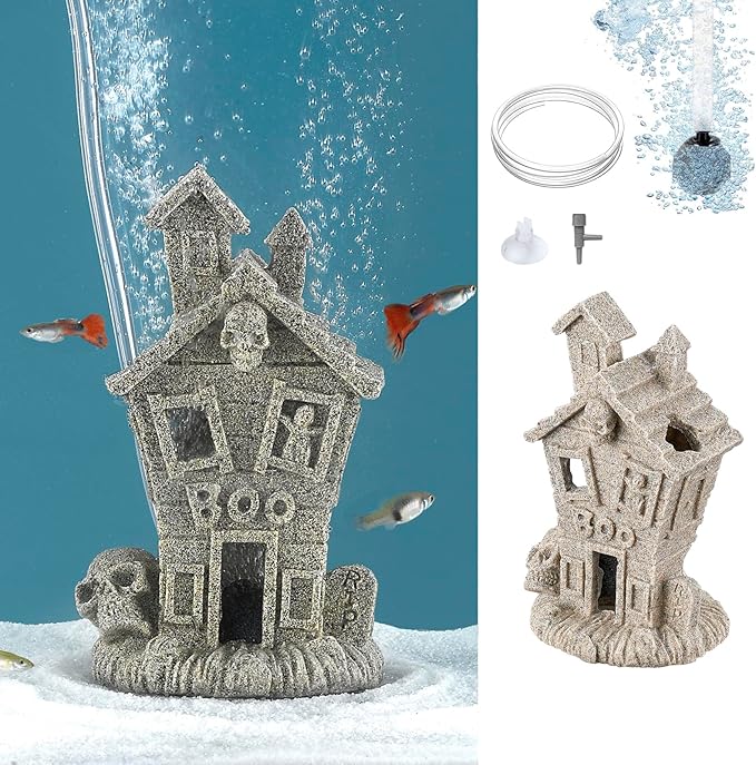 Carefree Fish Aquarium Haunted House Halloween Ghost Bubbler Decor Fish Hide-Out Ornament with 3Ft Tubing and Tiny Air Stone（No Included Air Pump