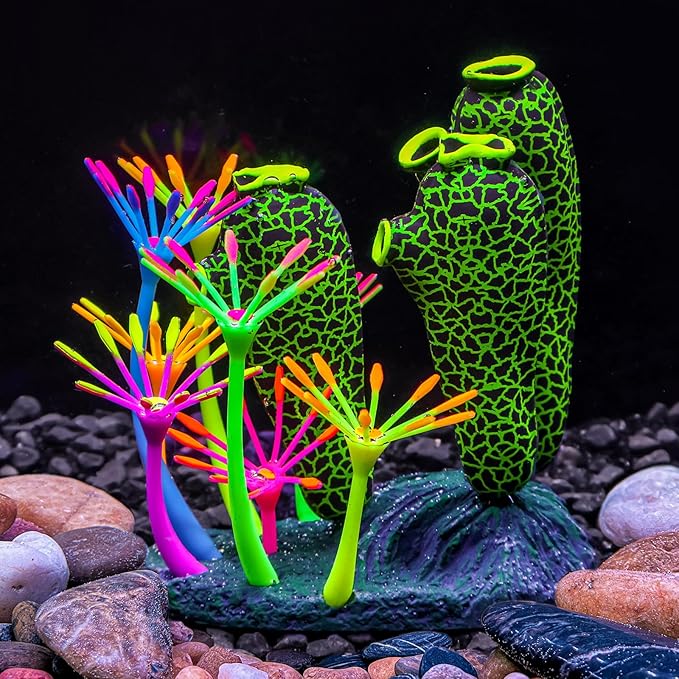 Dynamic Glow in The Dark Aquarium Decorations: Unleashing Visual Effects with Soft Silica Gel, Changing Lights, and Colorful Glowing Coral Ornaments (Dark Green, Seaweed Moon)