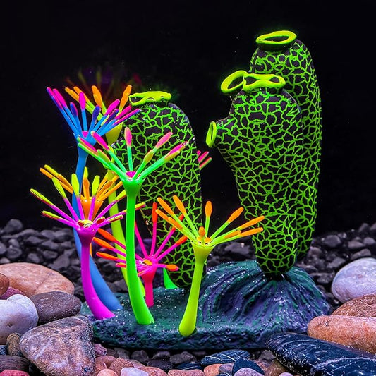 Dynamic Glow in The Dark Aquarium Decorations: Unleashing Visual Effects with Soft Silica Gel, Changing Lights, and Colorful Glowing Coral Ornaments (Dark Green, Seaweed Moon)