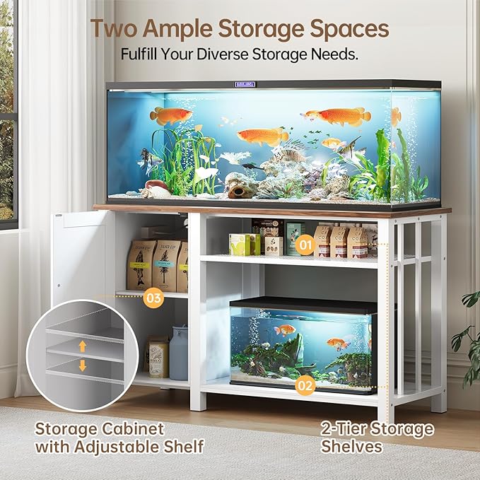 OtterOasis 55-75 Gallon Fish Tank Stand with Power Outlet & Adjustable Shelf, Heavy Duty Aquarium Stand with Cabinet Storage for Fish Tank, Turtle Tank, Reptile Terrarium, 1000LBS Capacity, White