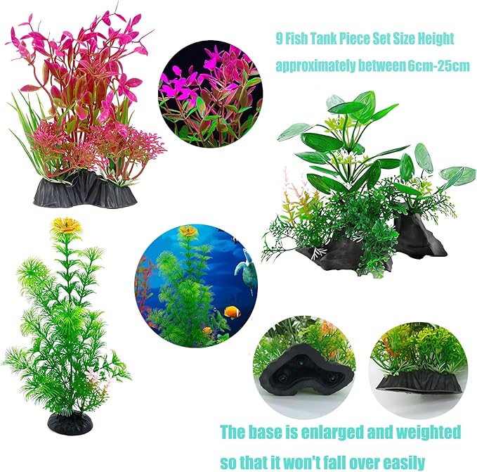 Aquarium Decorations Plants, 12Pcs Artificial Fish Tank Plants with Assorted Sizes (5-24cm), Fish Tank Accessories Fish Tank Decor, Aquarium Decor Fish Tank Plastic Plants