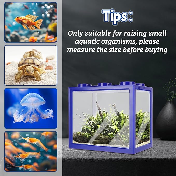QTLCOHD 4 Pack Small Betta Fish Tank, 0.6 Gallon Mini Aquarium Tank, Blue Stackable Fish Bowl, Acrylic Tiny Cube Tank for Beta Fish Sea Monkeys Shrimp Snails