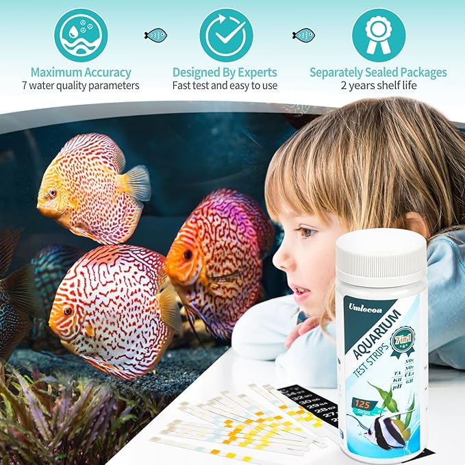Umlecoa 7 in 1 Aquarium Test Kit for Freshwater and Saltwater - 125 Aquarium Test Strips with Test Tube & Thermometer - Fast & Accurate Water Testing Strips for Aquarium/Pond/Pool