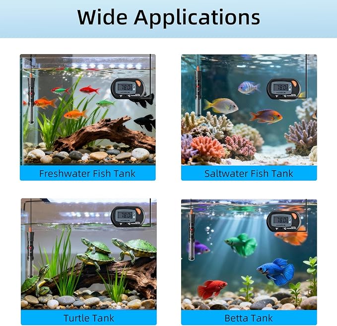 HiTauing Aquarium Heater 25W/50W/100W/200W/300W, Adjustable Knob Fish Tank Heater with Digital Thermometer, Submersible Betta/Turtle Tank Heater for Freshwater and Saltwater Tanks