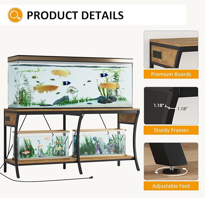 55-90 Gallon Fish Tank Stand with Power Outlets, 2-Tier Aquarium Stand with LED Light Strip & Open Storage Shelves, Heavy Duty Metal Table for Reptile Tank, 1100 LBS Capacity, Light Brown and Black