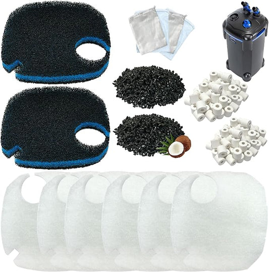 16 Pack Replacement Media Kit Compatible with AMOSIJOY 396GPH 3-Stage Canister External Aquarium Filter, Includes 6 White Pads, 2 Coarse Pads, 2 Activated Carbon, 2 Ceramic Rings & 4 Mesh Bags