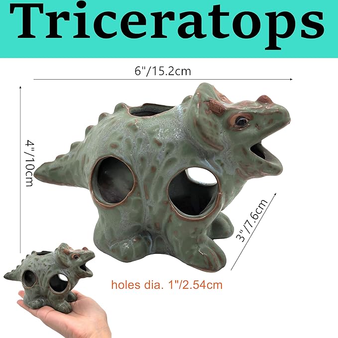 M2cbridge Aquarium Ceramic Cave Rock for Betta Shrimp Cichlid Fish Hideout Decor (Small Dinosaur 2pcs)