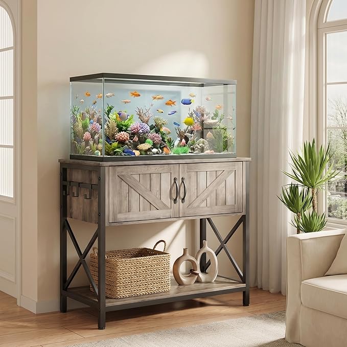 Petrova 20-29 Gallon Fish Tank Stand, Metal Double Aquarium Stand with Storage Cabinet, Heavy Duty 31.5" L* 16.54" W Tabletop, 330LBS Capacity, Rustic Brown