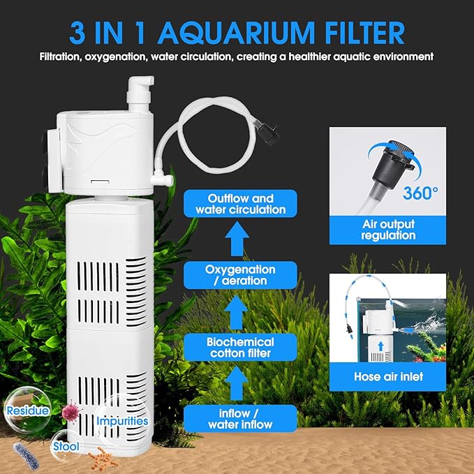 The fish tank filter is suitable for 80-160 gallon aquariums, filtering/oxygenating/water circulation. Built-in biochemical filter cotton