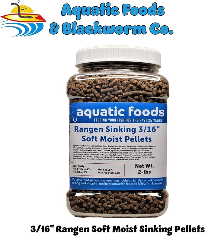 3/16" Soft Moist Sinking Salmon Pellets for Adult Axolotls, Shrimp, Snails, Crabs, Small Amphibians, Bottom Tropical Fish...2-lb Med Jar