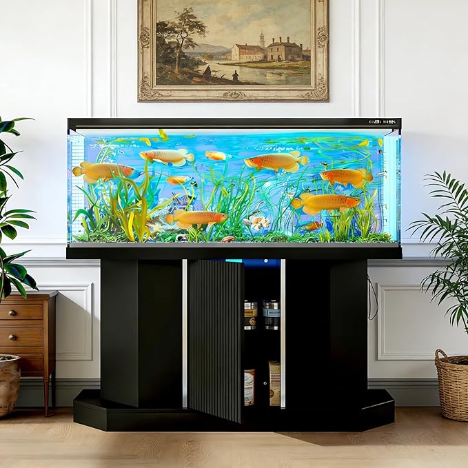 Modern 55-75 Gallon Fish Tank Stand with Power Outlet (4 AC 2 USB Ports), Heavy Duty Aquarium Stand with Cabinet Storage for Fish Tank, Turtle Tank, Reptile Terrarium, 880LBS Capacity, Black