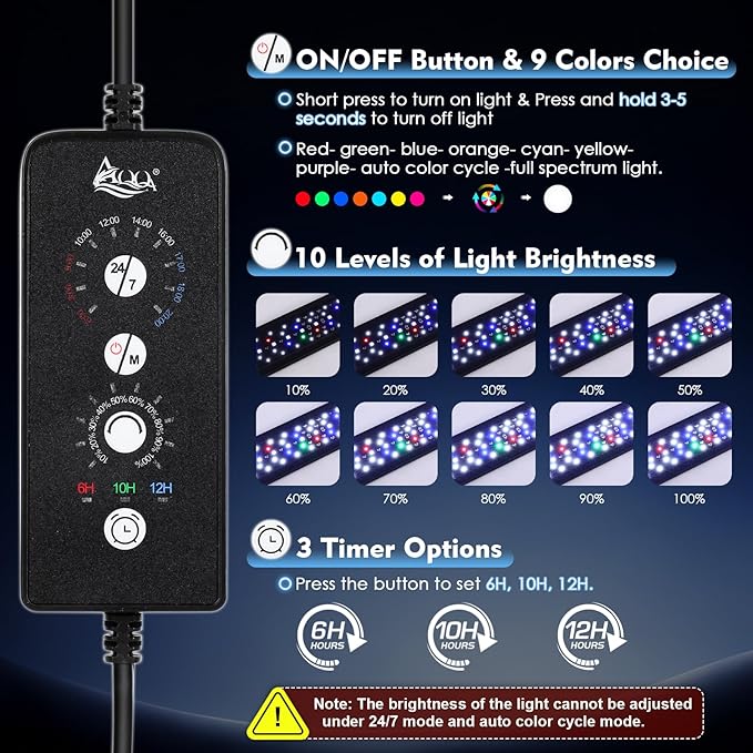 AQQA LED Aquarium Light 24W for 12-18 Inch Fish Tank, 24/7 Mode&DIY Mode Full Spectrum Fish Tank Light, IP68 Waterproof High Lumen Aquarium Plant Light, Adjustable Brightness/Timer, Memory Function