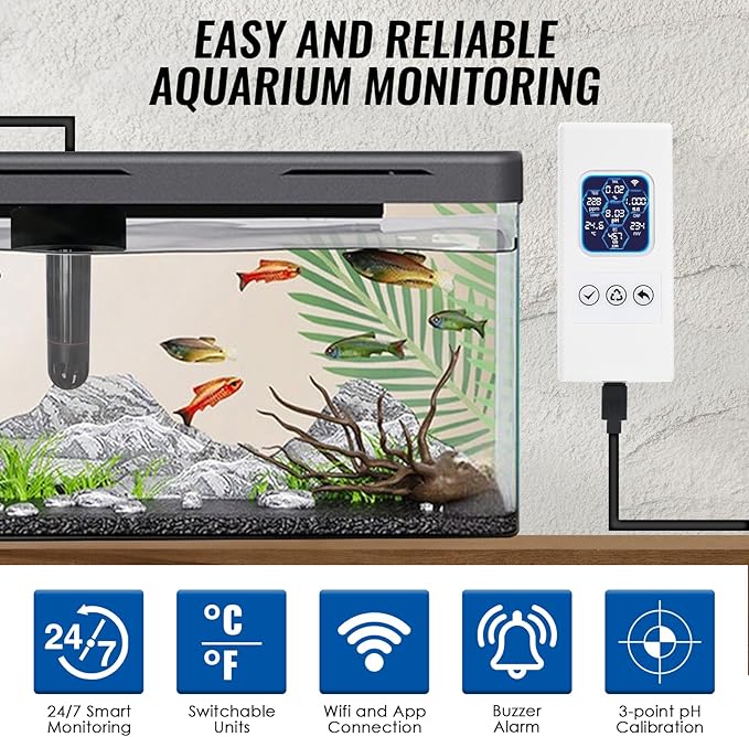 7-in-1 Wireless WiFi Water Quality Monitor, Smart Water Tester Measures pH/TDS/EC/ORP/Salinity/SG/Temp, Multi-Parameter Tester with Real-Time Alerts, Thermometer for Freshwater & Saltwater Aquarium