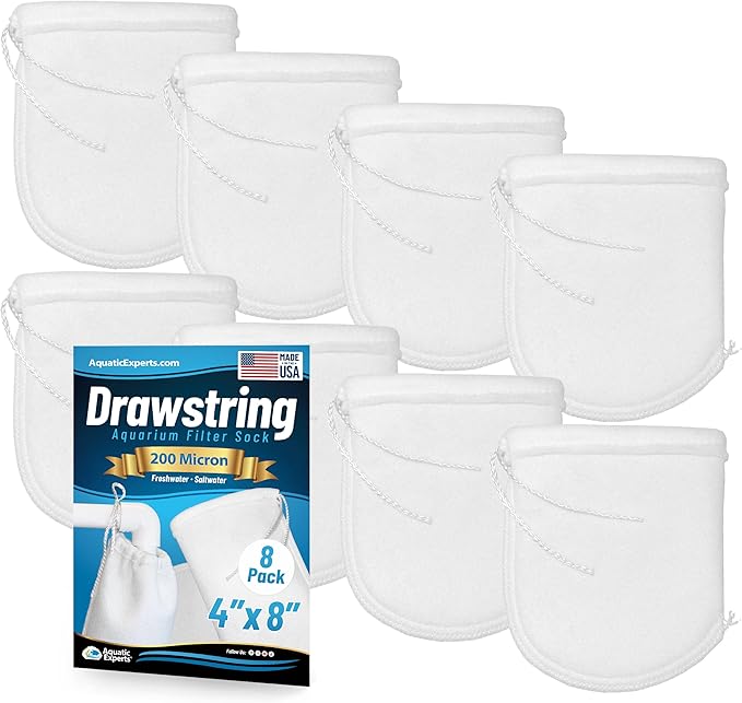 Aquatic Experts 200 Micron Drawstring Filter Socks – Ring-Free Design for Sumps, Saltwater & Freshwater Aquariums, Custom Made in USA (4" x 8", 8 Pack)