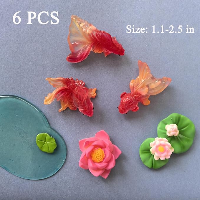 6pcs Mini Aquarium Decor for Fish Tanks, Handmade Resin Goldfish & Lotus Ornaments - Miniature Underwater Landscape Accessories, Micro Tank Scenery Decorations