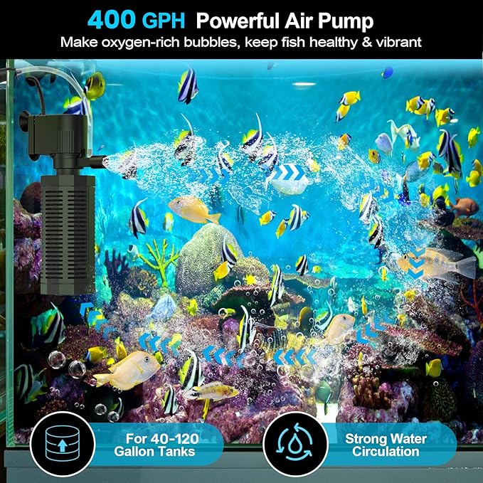 Aquarium Internal Filter for 30~100 Gallons - Ultra-Quiet Fish Tank Filters 400GPH Submersible Power Pump Filter with Biochemical Filtration Air Supply Water Clean (18W Filter)