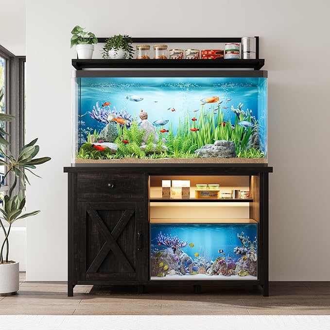 55-75 Gallon Fish Tank Stand with Power Outlet, Led Light, Heavy Duty Aquarium Stand with Cabinet for Fish Tank Accessories Storage, Shelf, for Turtle Tank, Reptile Terrarium, 1100 LBS (Oak)