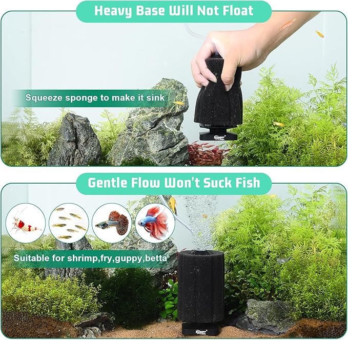 hygger Self-Sinking Sponge Filter for 3–30 Gallon Aquarium, Air Powered Foam Filter for Freshwater & Saltwater Tanks, Betta & Shrimp Safe