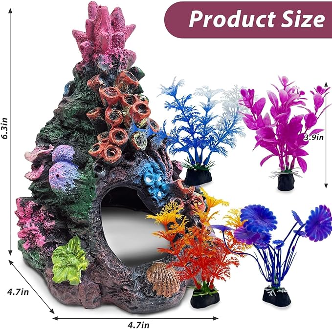 PINVNBY 5 PCS Colorful Coral Small Fish Tank Decorations, Resin Mountain Ornament and Artificial Aquarium Plants for Goldfish Betta Fish Tank Cave Hideout Sleep Rest Play Breed