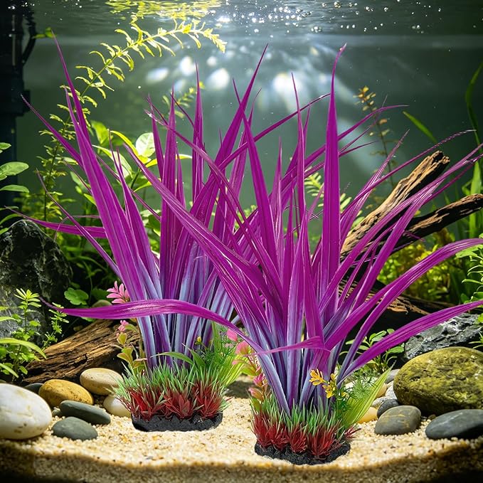 Aquarium Plants Plastic, 2-Pack 15.35" Tall Artificial Fish Tank Plants, Aquarium Fishbowl Decorations Ornament Safe for All Fish, Deep Lavender Tone