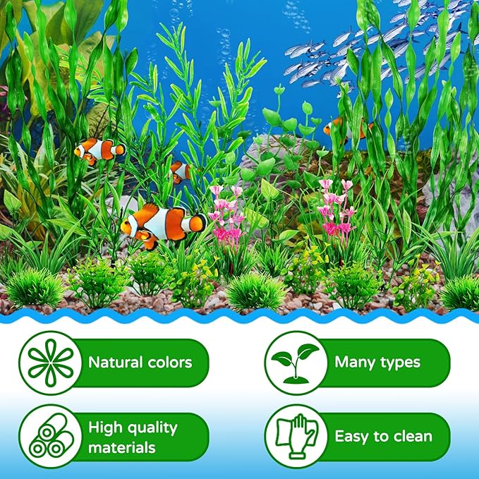 QUOZUO Green Fish Tank Decor Aquarium Plants, 25pcs Fish Tank Decorations Plants, Fish Tank Accessories, Aquarium Decor Artificial Plants, Small to Large