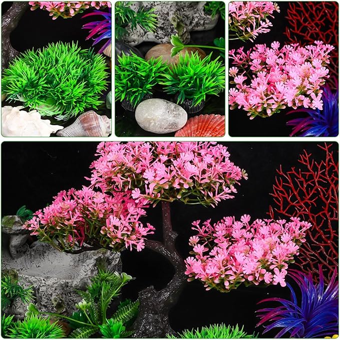 Plastic Aquarium Plants for Fish Tank, Realistic Cherry Blossom Tree & Green Water Grass, Safe for Your Aquatic Pets and Water Quality, Lifelike Artificial Plants for Nature Underwater Landscape