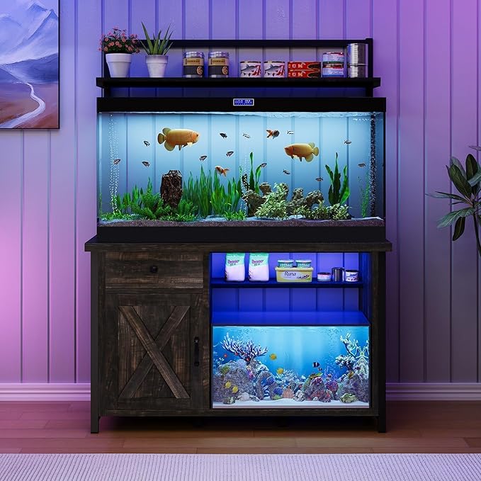 55-75 Gallon Fish Tank Stand with Power Outlet, Led Light, Heavy Duty Aquarium Stand with Cabinet for Fish Tank Accessories Storage, Shelf, for Turtle Tank, Reptile Terrarium, 1100 LBS (Oak)