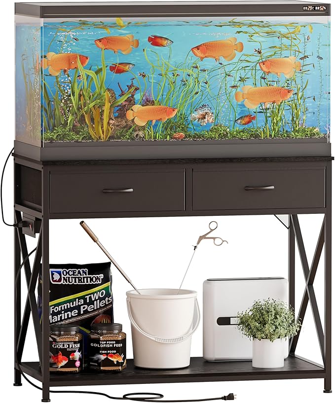 40-50 Gallon Fish Tank Stand，Aquarium Holder with Power Outlet and 2 Drawers，Heavy Duty Breeder Turtle Terrarium Stand Suitable for Turtle Tank, Reptile Terrarium, for Home Office (Black)