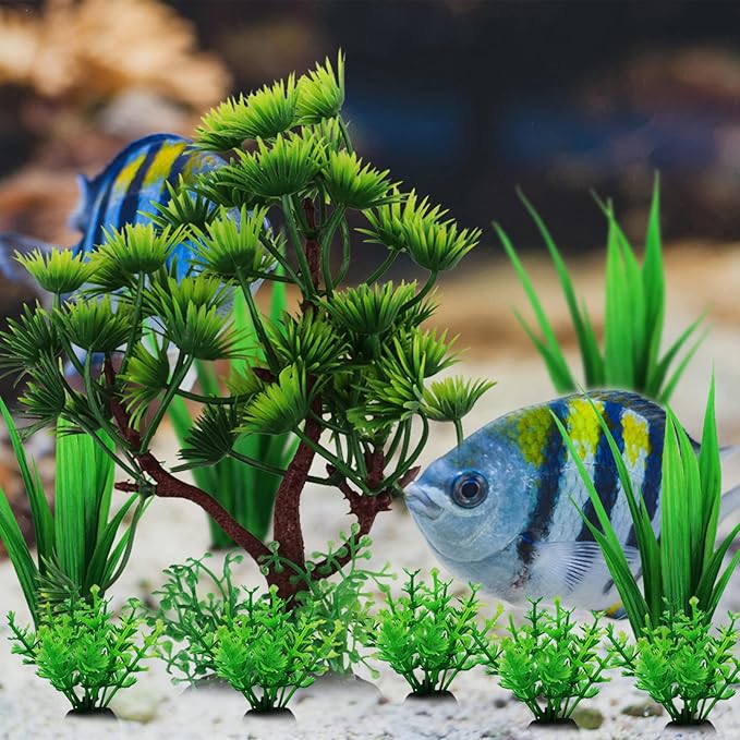 Fish Tank Plants Decorations, 10pcs Aquarium Decor Artificial Plants, Green Plastic Tree Fish Decorations for Tank