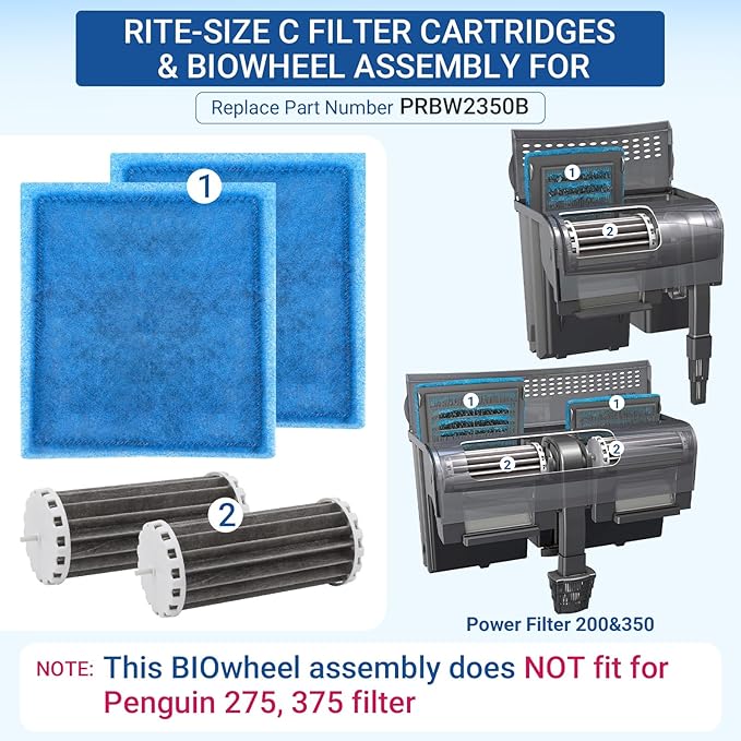Aquarium Filter Kit for Marineland Penguin Power Filter 200 350 - Fish Tank Biowheel with Rite-Size Cartridge