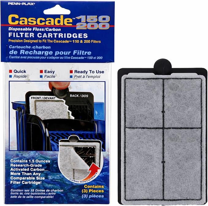 Penn-Plax Cascade Hang-On Power Filter Replacement Cartridges, 3 Pack - Dual-Layer Activated Carbon & Poly-Fiber Media for CPF3 & CPF4 Aquarium Filters -Fresh & Saltwater - Black & White, ‎9x3x4in