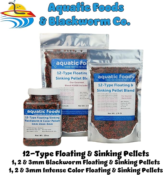 12-Type Ultra Mix of 1mm, 2mm, 3mm Floating & Sinking California Blackworm and Intense Coloring Pellets for All Tropical Fish & Pond Fish…10oz Jar
