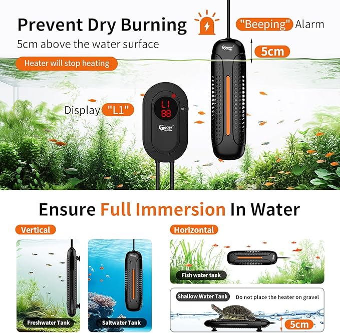 hygger Aquarium Heater 500W Fish Tank Heater with LED Controller, Multiple Safety Protections, Anti-Cooking Fish Alarm, Auto Stop Heating Protection, for 66-135 Gallon Freshwater Saltwater Tank