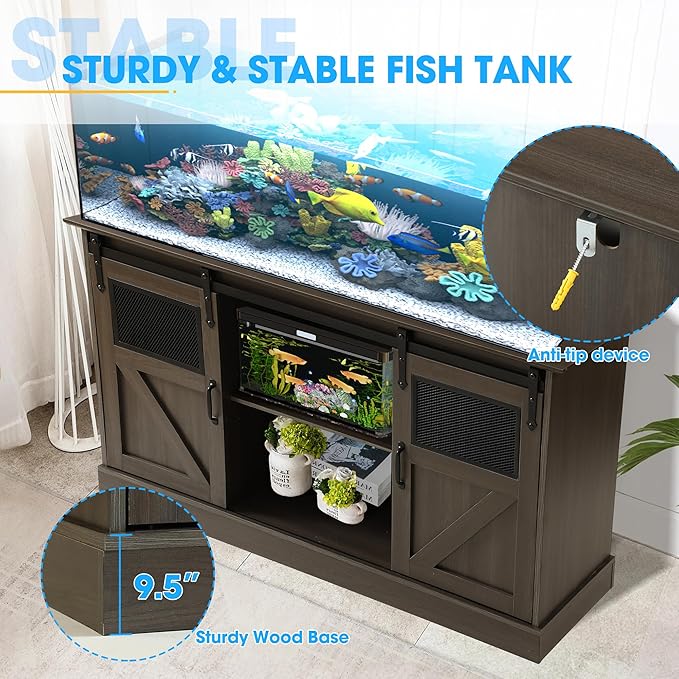 55-75 Gallon Fish Tank Stand with Sliding Barn Doors & Power Outlet, Heavy Duty Aquarium Stand with Cabinet Storage for 2 Fish Tank/Turtle Tank/Reptile Terrarium Accessories, 1300LBS (Grey)