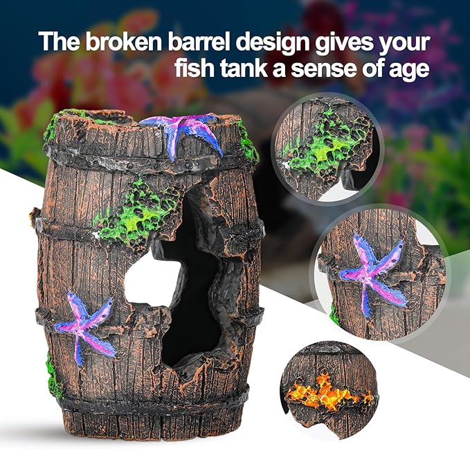 CousDUoBe Fish Broken Barrel Decor Fish Tank Decorations Betta Fish Tank Accessories,Starfish Barrel x 1pc, Aquarium Plants x 8pcs
