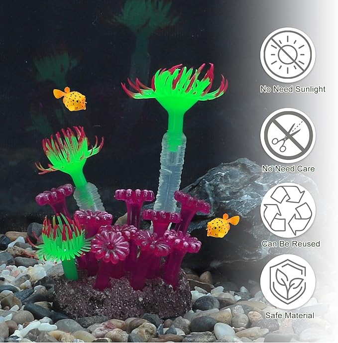 Aquarium Coral, Luminous Fish Tank Ornaments, Silicone Aquarium Plants, Fish Tank Coral, Fake Coral for Fish Landscape Decoration Aquarium Ornaments, Green Purple