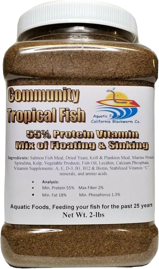 Community Tropical Fish Food, 55% Protein Vitamin Rich Floating/Slow Sinking Granulars for Tetras, Guppies, Cichlids, Live Bearers, Pond Fish All Tropical Fish - 2-lb Medium Jar