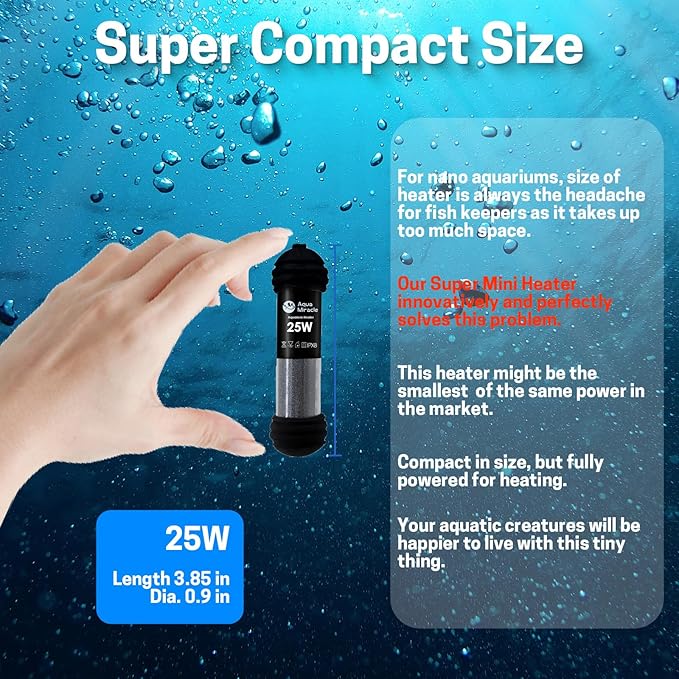 AquaMiracle Upgraded 25W Small Aquarium Heater Fish Tank Heater Turtle Heater Super Mini Aquarium Heater, Dry-Run/Overheating Protection and Memory Function, Dual LED Display, for 3-5 Gal Tanks