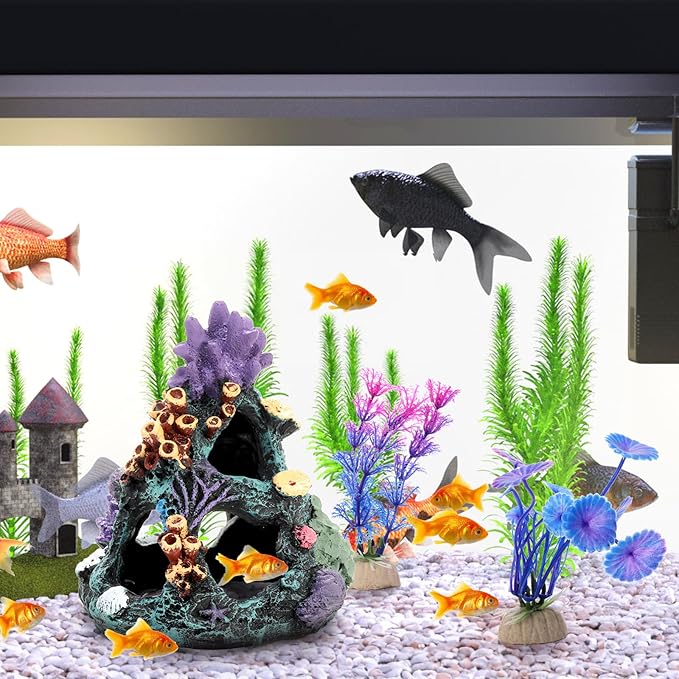 Eorbow 7 pcs Aquarium Colorful Coral Reef, Fish Tank Decoration Mountain Ornament, Rock Cave Landscape with 6 Aquatic Plants, Hideout House Decor for Betta Fish