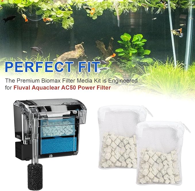 2.8oz BioMax Biological Material Remover Inserts Compatible with Fluval AquaClear AC50 Power Filter, Filter Media Kit for 50 Gallon Fresh & Saltwater Tank, Provides Stage 3 Biological Filtration-2Pack